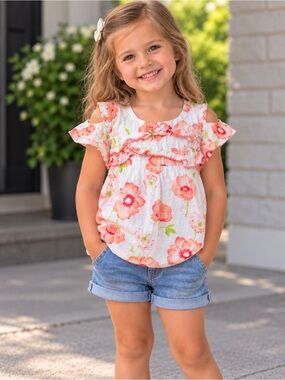 Penelope Mack White Cold-Shoulder Floral Top with Pink & Coral Blooms